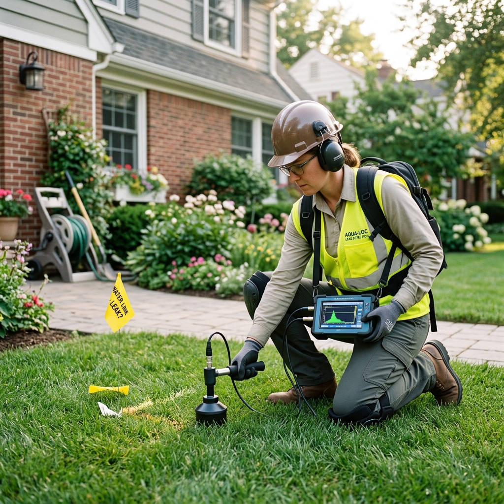 Plumbing technician utilizing digital moisture meter and infrared thermal scanner to detect hidden water leak inside residential wall in Manteca